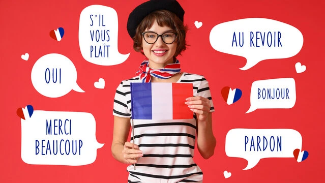 Learner holding a French flag surrounded by French phrases